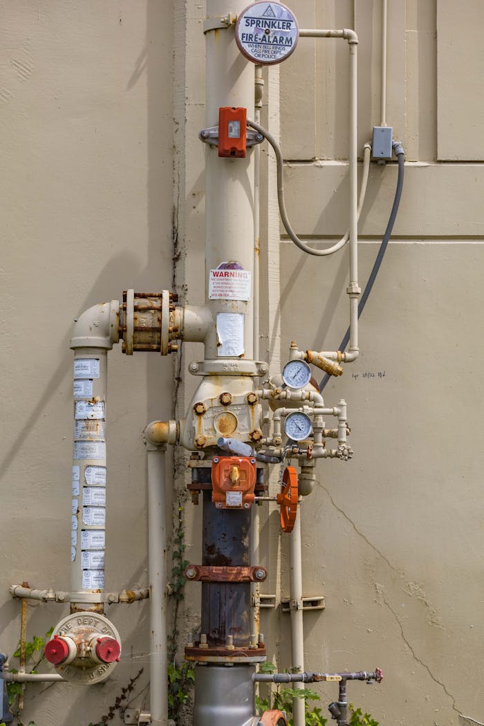 gallery-1 Detailed view of an industrial fire sprinkler system with gauges and pipes against a wall.